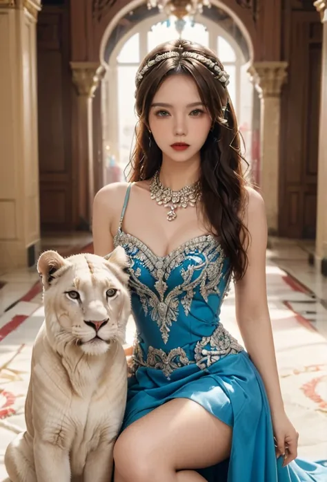 A beautiful elegant blonde girl in a luxurious palace, wearing an ornate crown, posing gracefully next to a white lioness, surrounded by lavish jewelry and opulent decor, serene and confident expression, intricate embroidered dress, soft lighting, cinemati...