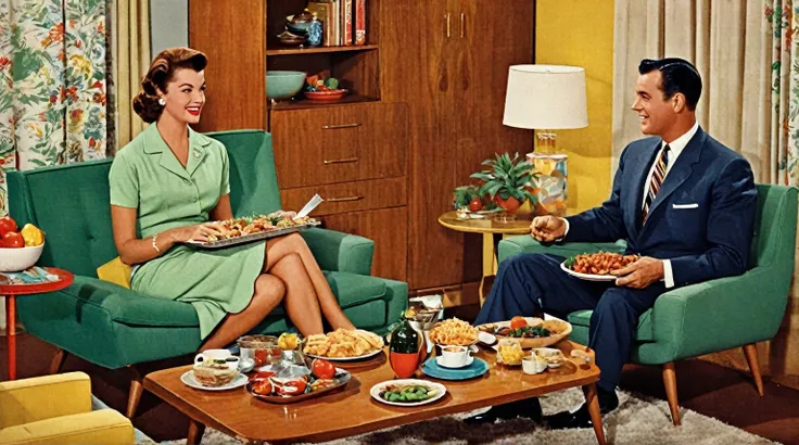 there is a woman and man sitting in a living room with a tray of food, a mid-century modern collage, 50s style infomercial, 1 9 5 0s decor, 1950s illustration style, retro ad, cozy 1 9 5 0s, 1960s illustration, retro illustration, retro 5 0 s style