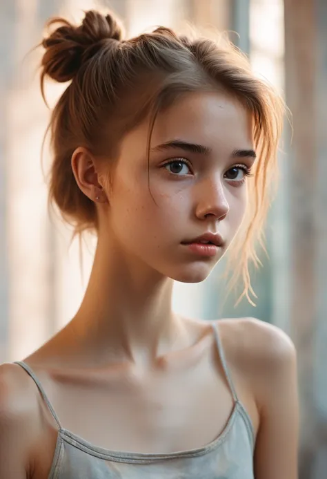 (cinematic photo: 1.3) from (really: 1.3), (comfortable: 1.3) beautiful 18 year old girl, (difficult messy bun of light brown ha...