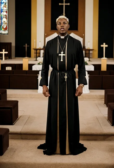 A (( young black male pastor wearing a large cross pendant, clergy collar, and robes)), in his ((living room:1.4)) accompanied  by a  ((50 year church mother who is wearing revealing clothing and is extremely busty showing a gross amount of cleavage:1.3)).