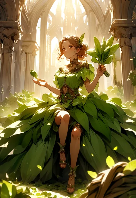 a  fairy flying over a pile of Radishs , holding one Radish on her hand