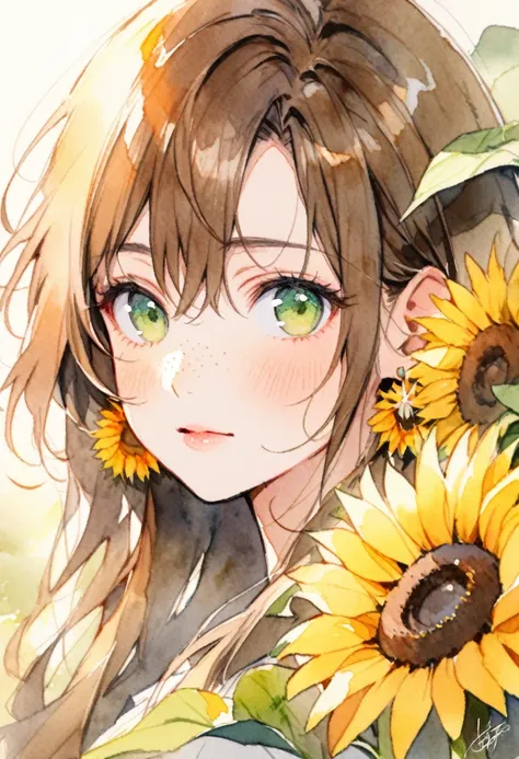 (watercolor:1.2),1girl, solo, flower, sunflower,freckles, portrait, leaf, bangs, signature, yellow flower, brown hair, long hair, green eyes, hair between eyes, flower earrings
