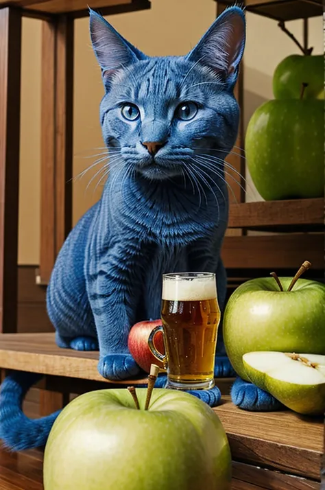 A blue cat with a beer sitting on an apple