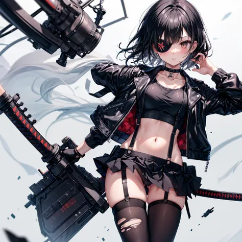 ((Highest quality)), ((masterpiece)), (detailed), ((Highest quality)), ((masterpiece)), (detailed), 1girl, 独奏, have a katana, black hair, eyepatch, crop top, leather jacket, Torn miniskirt, suspender skirt, torn pantyhose, panties, panties under pantyhose,...