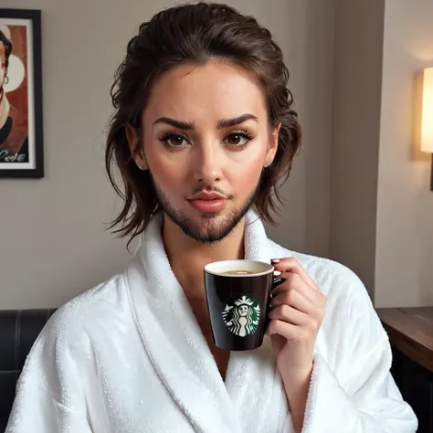 
bearded lady stubble beard shaggy, brown eyes, wet brown hair slicked back, big nose, in dressing gown serves coffee