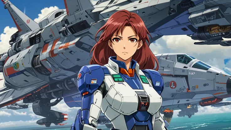 anime character standing in front of a fighter plane in the sky, modern mecha anime, macross franchise, mecha anime, disturbance mechanism, modern sci fi anime, macross, mobile suit, feminine wick, arte zoids, girl with mecha cybernetic armor, Official cha...