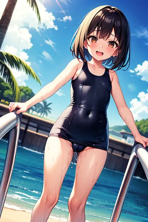 nsfw,masterpiece, extra limbs, 1girl,8years old, black straight hair, tareme brown eyes, (((delighted))),(((wet))), school swimsuit,standing,spread arms,beach ,high angle,pov