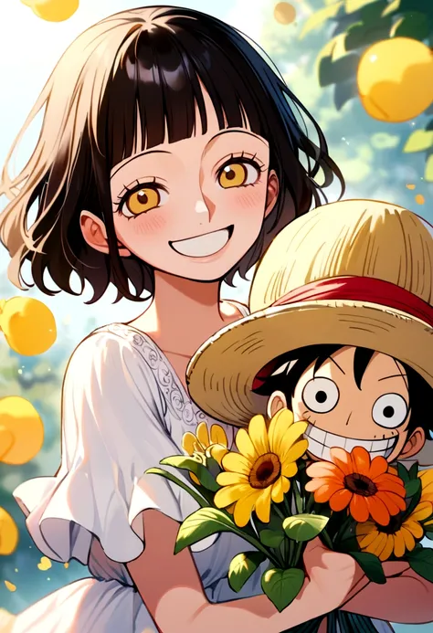 one piece character, cute girl,slanted eyes, Quiet,White dress,yellow eyes,short black hair,with bangs, smiling, happy,grabbing flowers with luffy