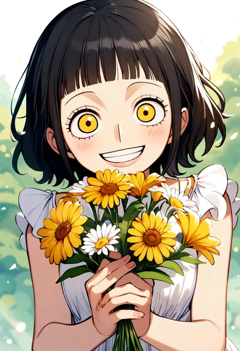 one piece character, cute girl,slanted eyes, Quiet,White dress,yellow eyes,short black hair,with bangs, smiling, happy,grabbing flowers with luffy