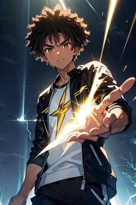 [ultra definition] [best qualityer], young man strikes an imposing pose with lightning and thunder powers over his body, short afro hair, serene gaze, 2000s modern casual clothing, lightning and thunder with volumetric light, rays in hands, rays on fingers...