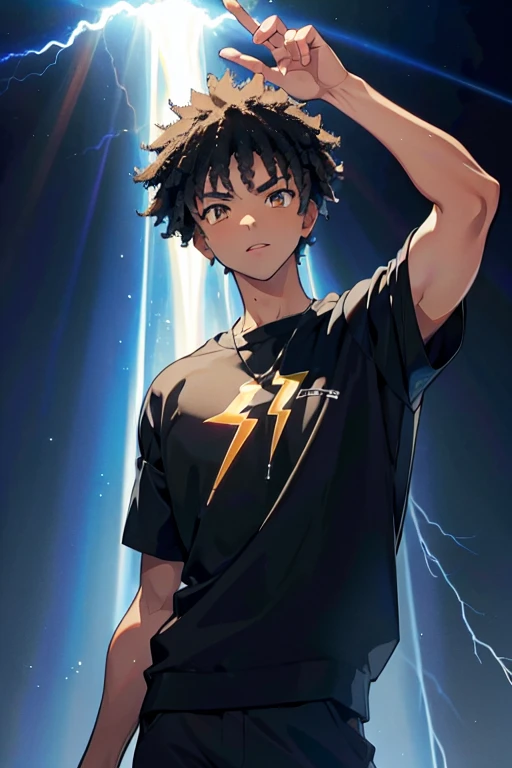 [ultra definition] [best qualityer], young man strikes an imposing pose with lightning and thunder powers over his body, short afro hair, serene gaze, 2000s modern casual clothing, lightning and thunder with volumetric light, rays in hands, rays on fingers...