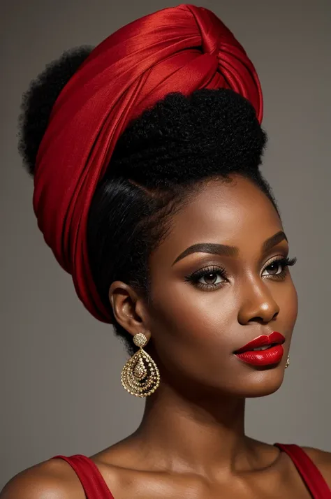 Black woman red lips with turban long earrings afro hair 