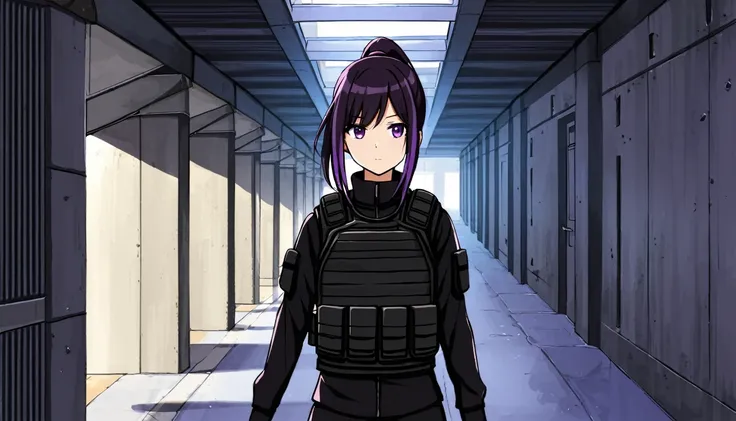 One girl, Dark hair with purple strands, Ponytail, purple eyes, black outfit,wearing bulletproof vest,background,brut architecture, corridor.