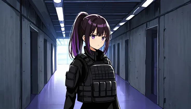 One girl, Dark hair with purple strands, Ponytail, purple eyes, black outfit,wearing bulletproof vest,background,brut architecture, corridor.