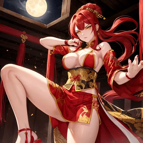 A female warrior, red hair, yellow  eyes, red nails, beautiful young face, strong physical characteristics, with medium breasts and open legs showing realistic pussy, gym body with glued clothes, an angry face, provocative look. Wearing traditional Chinese...