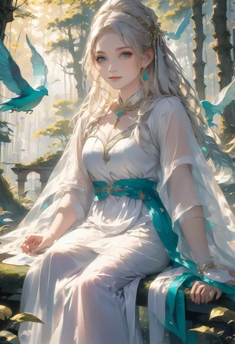 masterpiece, Great painting, figure,8K, Super detailed, high quality, A woman with a goddess-like smile,euphilia, One Girl,長いブロンドの髪とDarkturquoise eyesをしたWhite Dressを着たアニメの女の子 ブルゴーニュ, Platinum Earrings, Platinum Necklace, White Dress, One girl, cute, (Dynam...