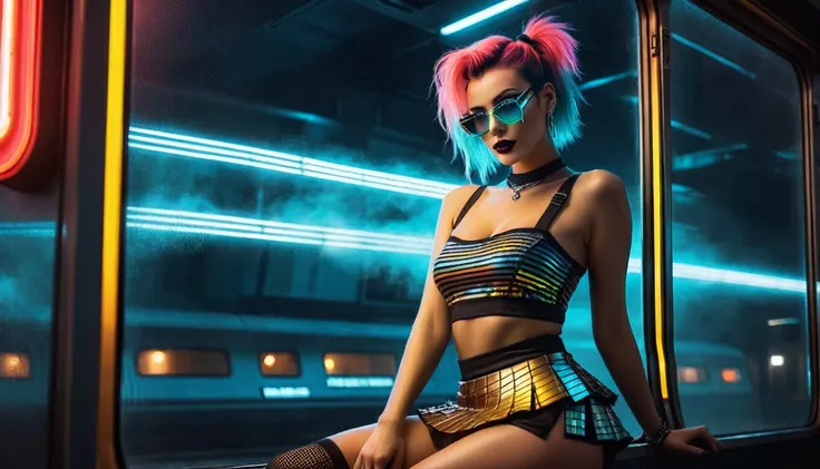 (Best quality, Ultra detailed, Golden ratio, Masterpiece:1.2), Theatrical lighting:0.7, Photo of a retro futuristic woman, Retrofuturism dressed with emo mini skirt. Her vibrant makeup tell of a itimate (vibe of Cyberpunk 2077), Perfect rare face, (Highly ...