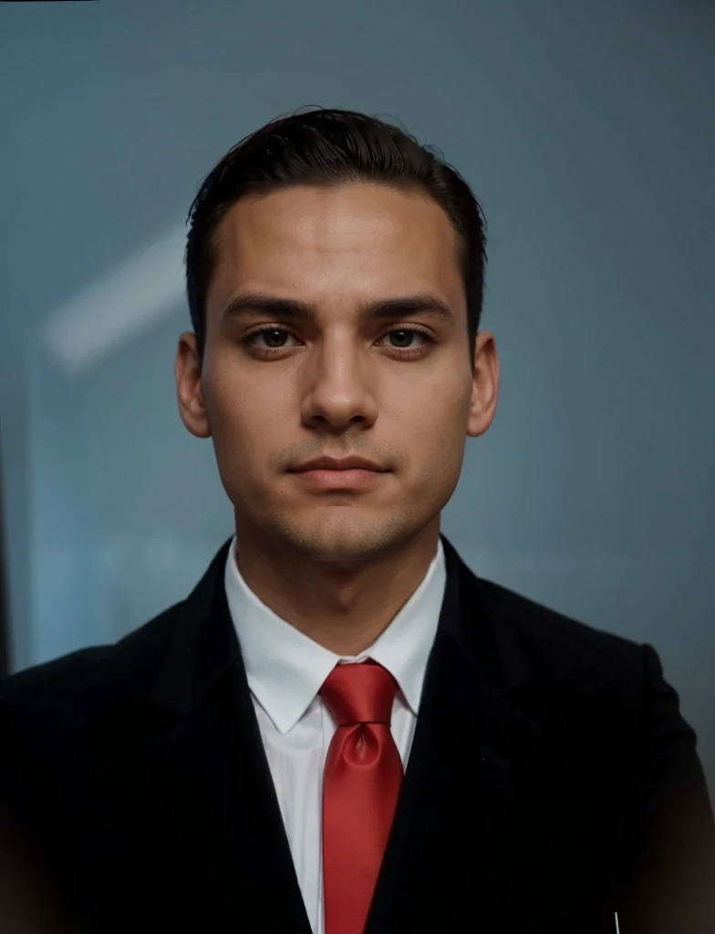 A man wearing a black suit with a white shirt and red tie