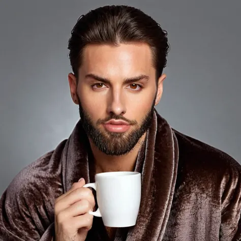 
bearded lady stubble beard shaggy, brown eyes, wet brown hair slicked back, big nose, in dressing gown serves coffee