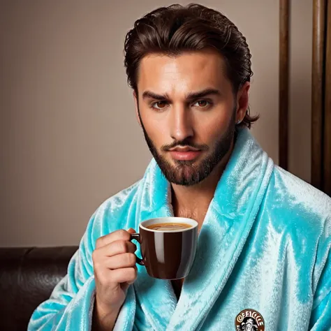 
bearded lady stubble beard shaggy, brown eyes, wet brown hair slicked back, big nose, in dressing gown serves coffee