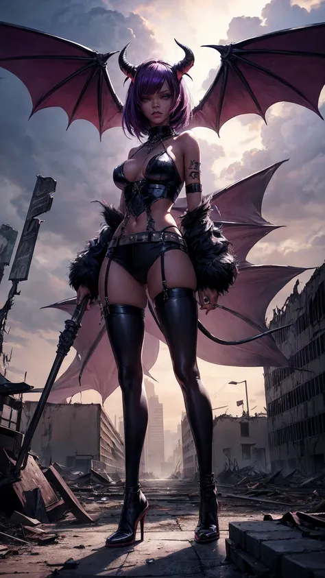 Rihanna hyper-giant, Hyper-powerful demon with two demon horns on his head and demon wings, Purple lightning fire on a building and shatters buildings , ville en ruine post apocalyptique,