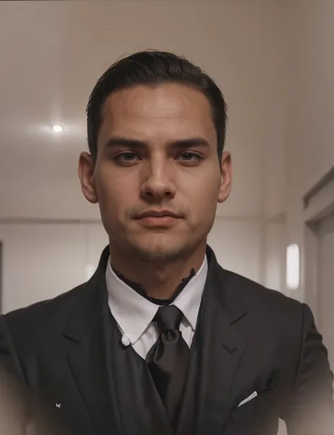 A man wearing a black suit with a white shirt and red tie