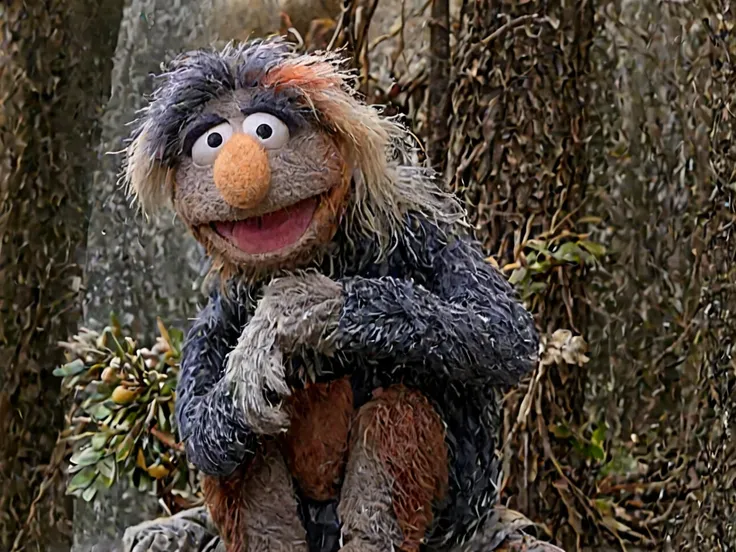 araffe sitting on a rock in the woods with a tree in the background