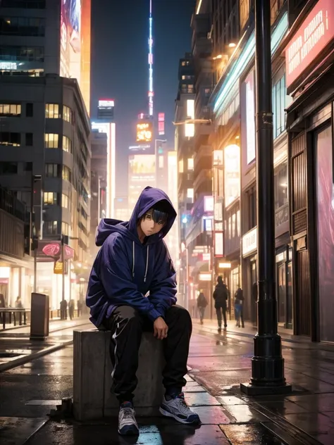 a male, leaning on a pillar, head tilted down, with hoodie on head, full body picture, night