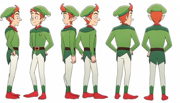 1 male Christmas elf, multiple views,reference sheet,A pose, Full body, model sheet,neutral expression,Looking in Front,{Front facing view,Back view,Side view,Top view},beautiful, masterpiece, best quality, perfect lighting,8k,simple white background ,SFW.