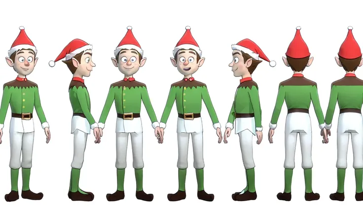 1 male christmas elf, multiple views,reference sheet,a pose, full body, model sheet,{front facing view,back view,side view,top v...