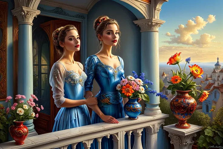 a painting of a woman standing on a balcony with a vase of flowers, michael cheval (unreal engine, inspired by evgeny lushpin, i...