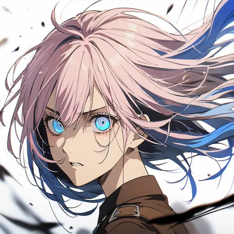 1 girl in attack on titan style, long  hair, light pink hair, hair with blue tips, light blue eyes,white background, tilted face...