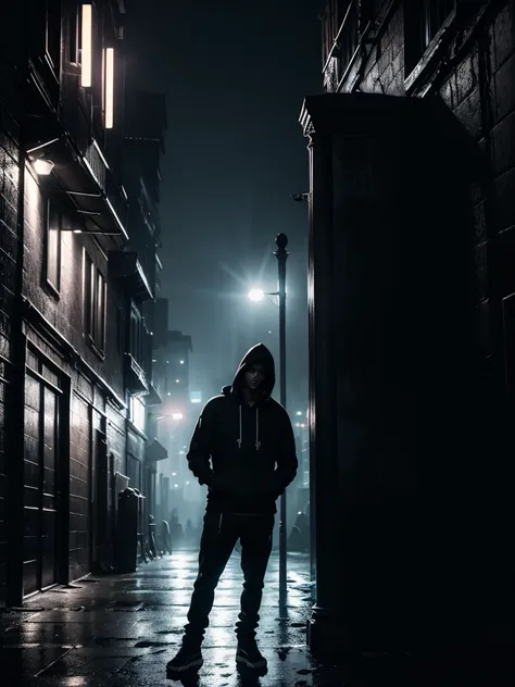 a man leaning on a pillar, head tilted down, wearing a hoodie, full body shot, night, moody atmosphere, cinematic lighting, dram...