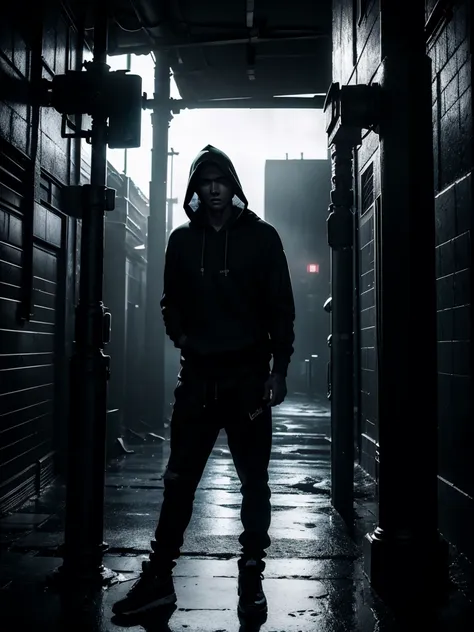 a man leaning on a pillar, head tilted down, wearing a hoodie, full body shot, night, moody atmosphere, cinematic lighting, dram...