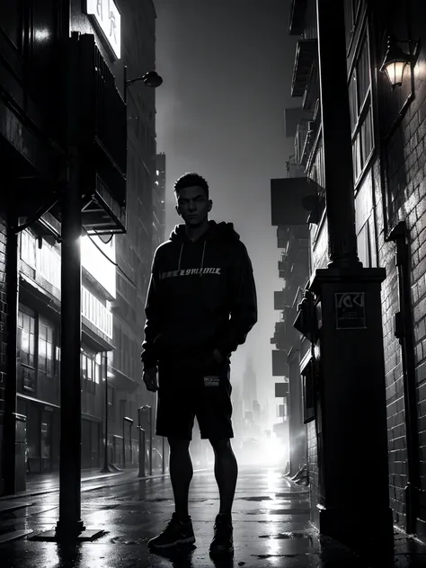 a man leaning on a pillar, head tilted down, wearing a hoodie, full body shot, night, moody atmosphere, cinematic lighting, dram...