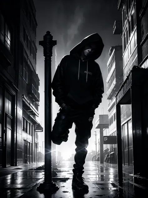 a man leaning on a pillar, head tilted down, wearing a hoodie, full body shot, night, moody atmosphere, cinematic lighting, dram...