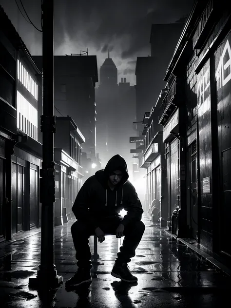 a man leaning on a pillar, head tilted down, wearing a hoodie, full body shot, night, moody atmosphere, cinematic lighting, dram...