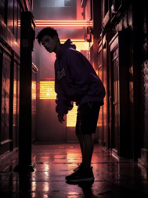 a man leaning on a pillar, head tilted down, wearing a hoodie, purple and red light, night, moody atmosphere, cinematic lighting...