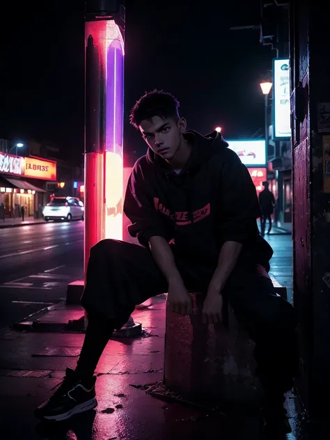 a man leaning on a pillar, head tilted down, wearing a hoodie, purple and red light, night, moody atmosphere, cinematic lighting...