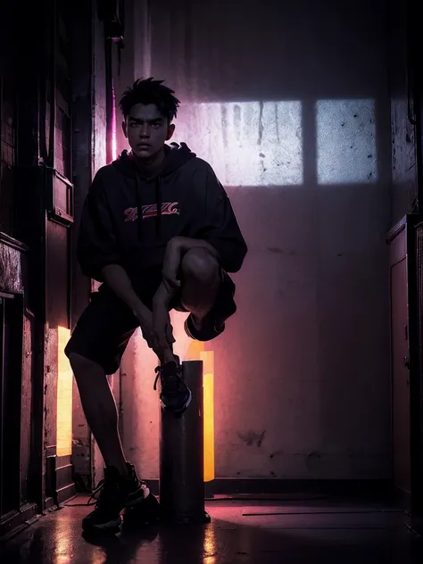 a man leaning on a pillar, head tilted down, wearing a hoodie, purple and red light, night, moody atmosphere, cinematic lighting...