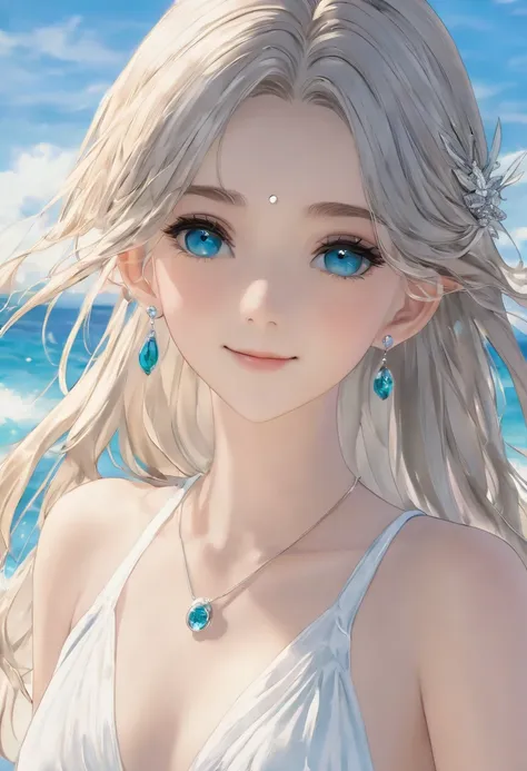 ((最high quality)), ((masterpiece)), (Detailed face and eyes:1.2), Perfect Face,anime character、masterpiece, Great painting, figure,8K, Super detailed, high quality, A woman with a goddess-like smile,euphilia, One Girl,長いブロンドの髪とDarkturquoise eyesをしたWhite Dr...