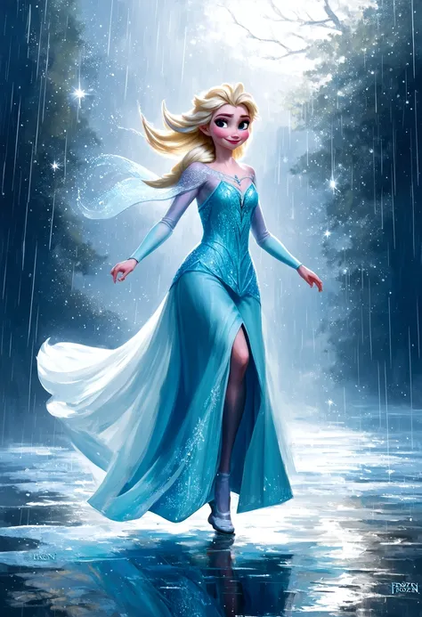 digital painting of elsa from frozen dancing gracefully under the rain, her ice powers creating sparkling rain droplets and form...