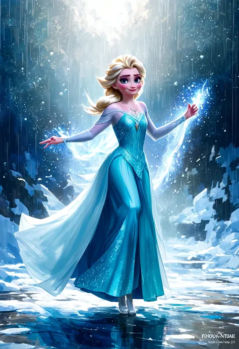 digital painting of elsa from frozen dancing gracefully under the rain, her ice powers creating sparkling rain droplets and form...