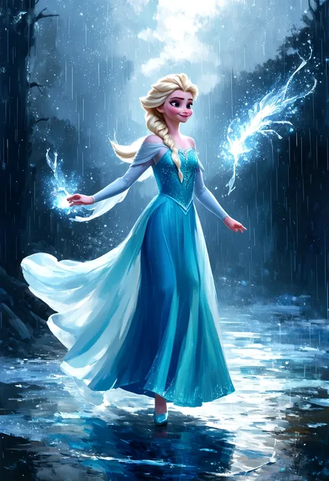 digital painting of elsa from frozen dancing gracefully under the rain, her ice powers creating sparkling rain droplets and form...