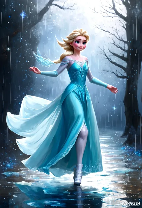 digital painting of elsa from frozen dancing gracefully under the rain, her ice powers creating sparkling rain droplets and form...