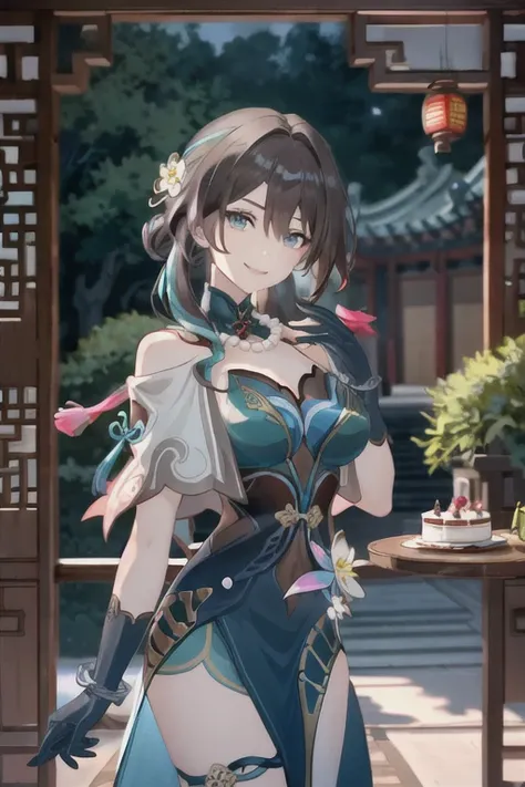 1girl, ruan mei \(honkai: star rail\), solo, china dress, green gloves, hair ornament, detached collar, necklace, capelet, thigh...