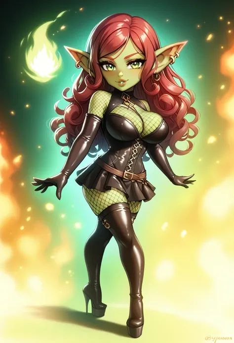 Girl, goblin girl, goblin, green skin, short, short stature,long hair, red hair, curly hair, large breasts, miniskirt, latex, long gloves, thigh boots, pouty lips, masterpiece, best quality, sexy, dynamic pose, 8k, shortstack, sfw, shiny, fantasy, dungeons...