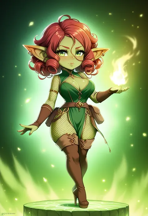 girl, goblin girl, goblin, green skin, short, short stature,long hair, red hair, curly hair, large breasts, long gloves, thigh b...