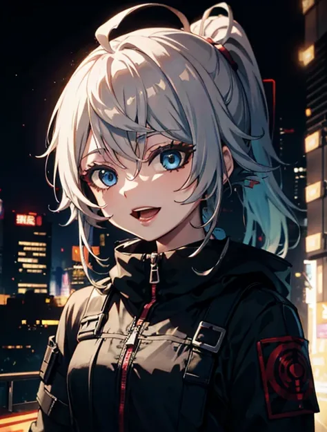 Graffiti face, eyes open, open mouth, yandere expression, smile, look at viewer, hand not visible, cyberpunk city, modern clothes, upper body, wearing sci-fi clothes