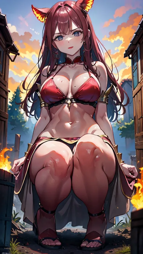 Under a blood-red sky, from the perspective of a medieval village square, the crimson-skinned Giantess Goddess descends in a gown of fiery silk that billows around her like flames. Her fiery eyes glint with malevolent intent as she towers over the villager...